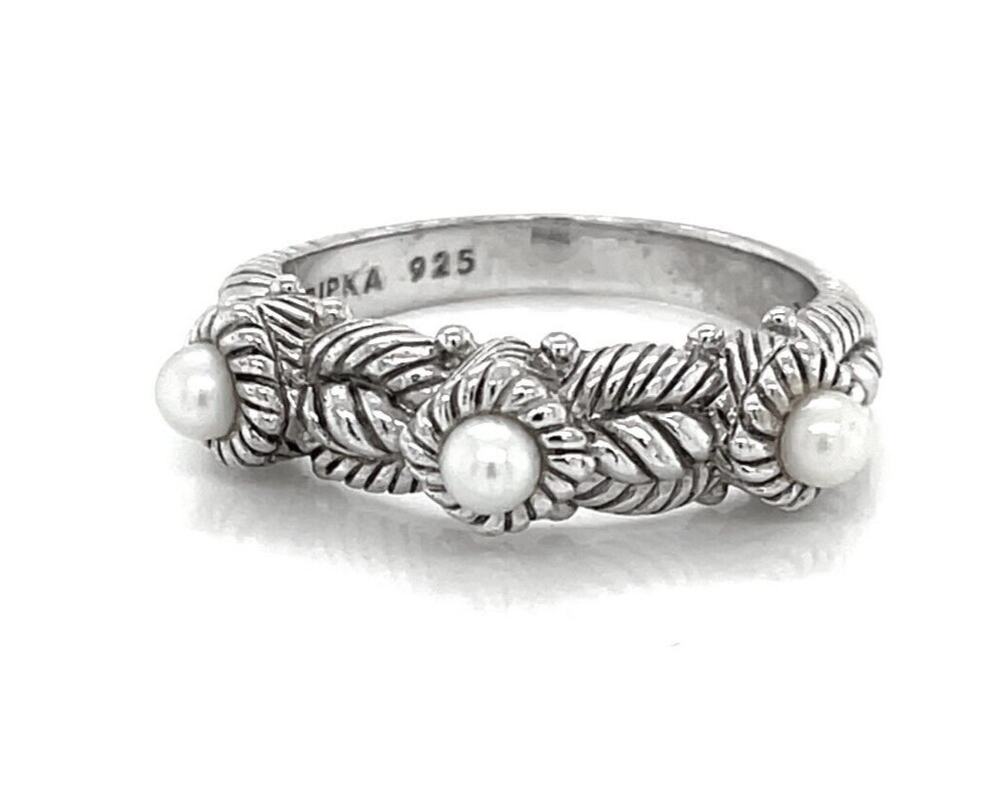 Vintage Judith Ripka Three White Pearl Sterling Silver 925 Band Ring Size 8